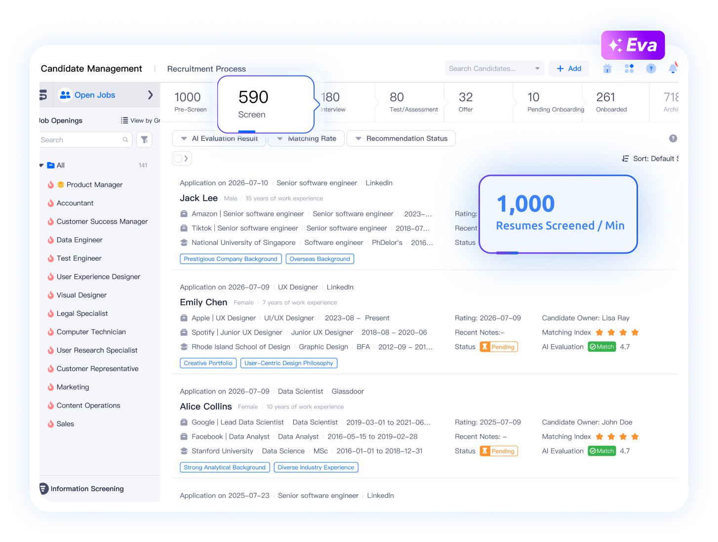 Ranked shortlist of bulk-screened resumes automatically scored by Moka Eva