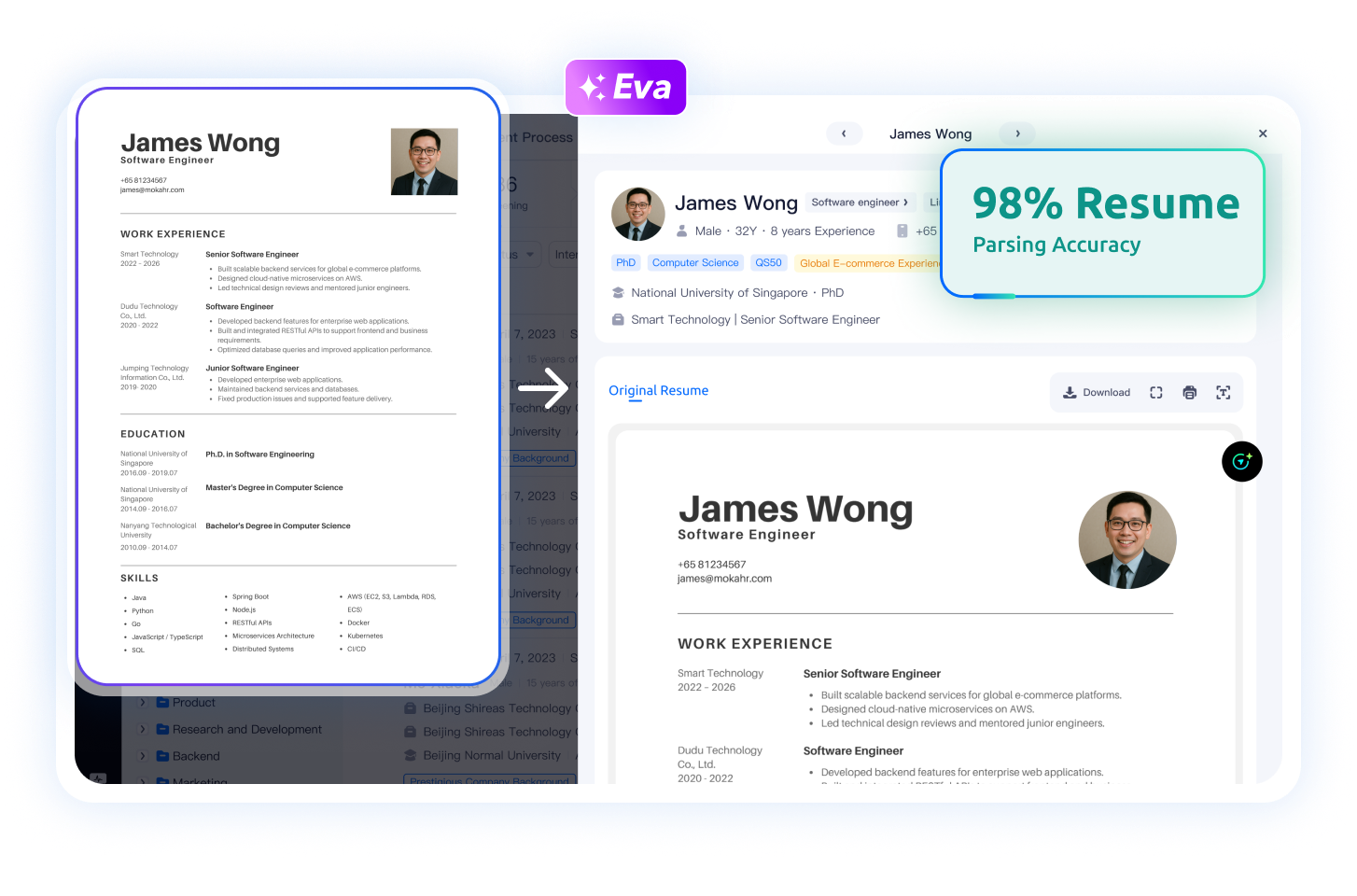Resume parsed into structured fields for skills, experience, education, contact details and more