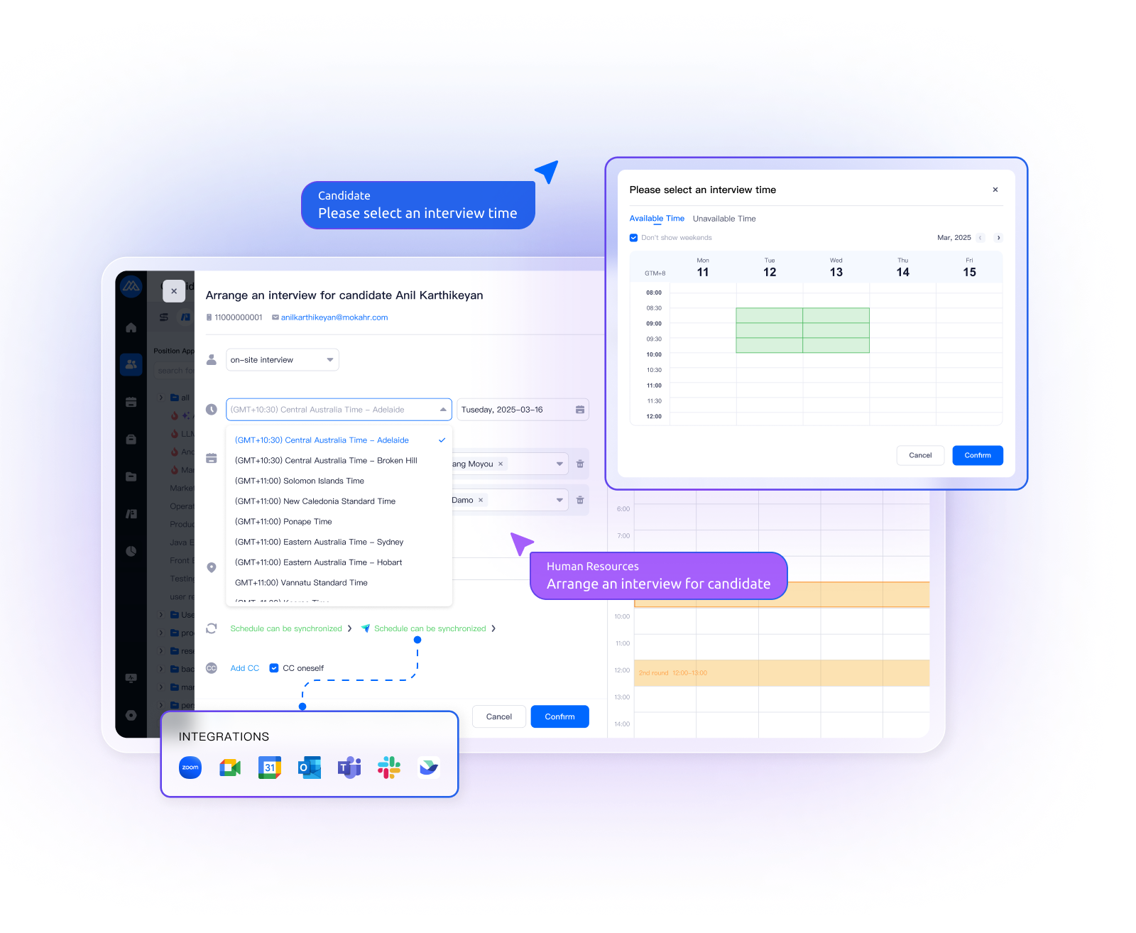 Moka Eva cross-timezone interview scheduling with AI-generated interview summaries