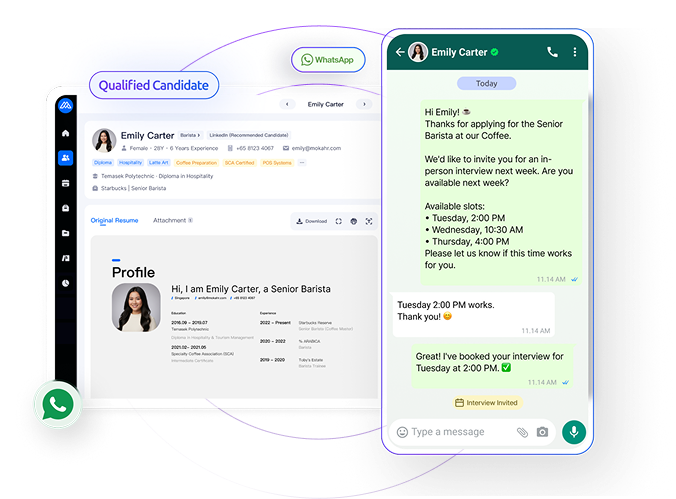 Moka streamlines the hiring pipeline with AI screening, AI interviews, and WhatsApp agent.