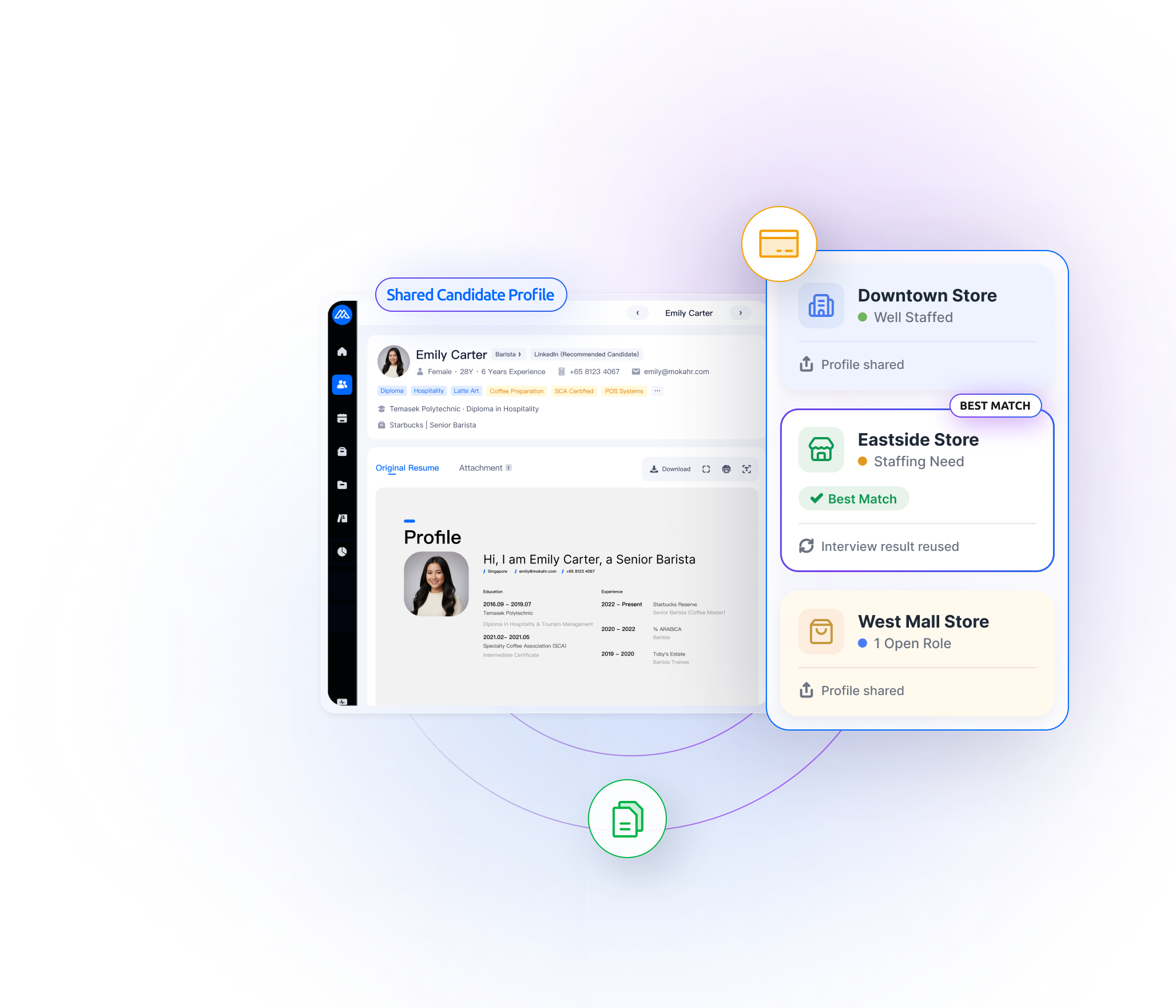 Moka enables cross-store talent sharing to match qualified candidates across stores.