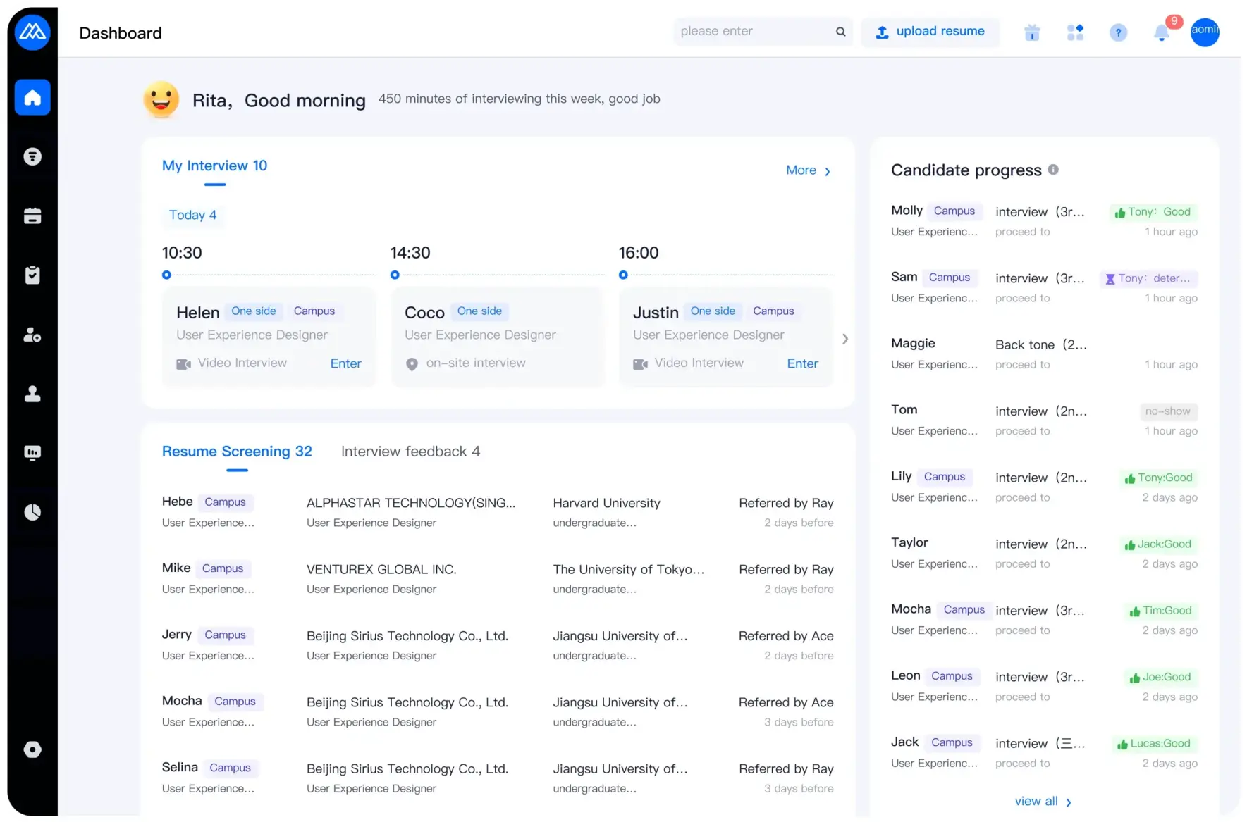 MokaHR Dashboard showing main workspace features